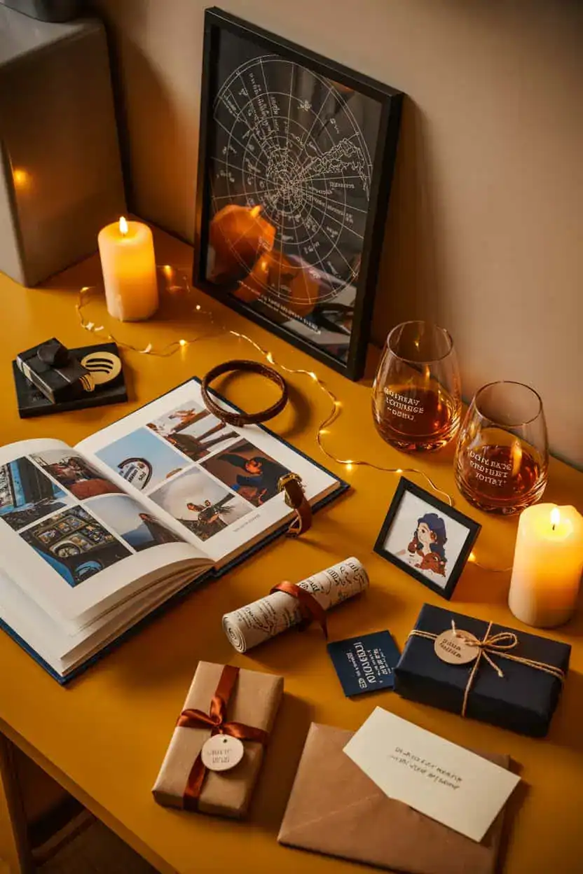 Mesa con regalos personalizados para hombre, incluyendo álbum de fotos, mapa estelar enmarcado, vasos grabados, pulsera, retrato y paquetes de regalo.