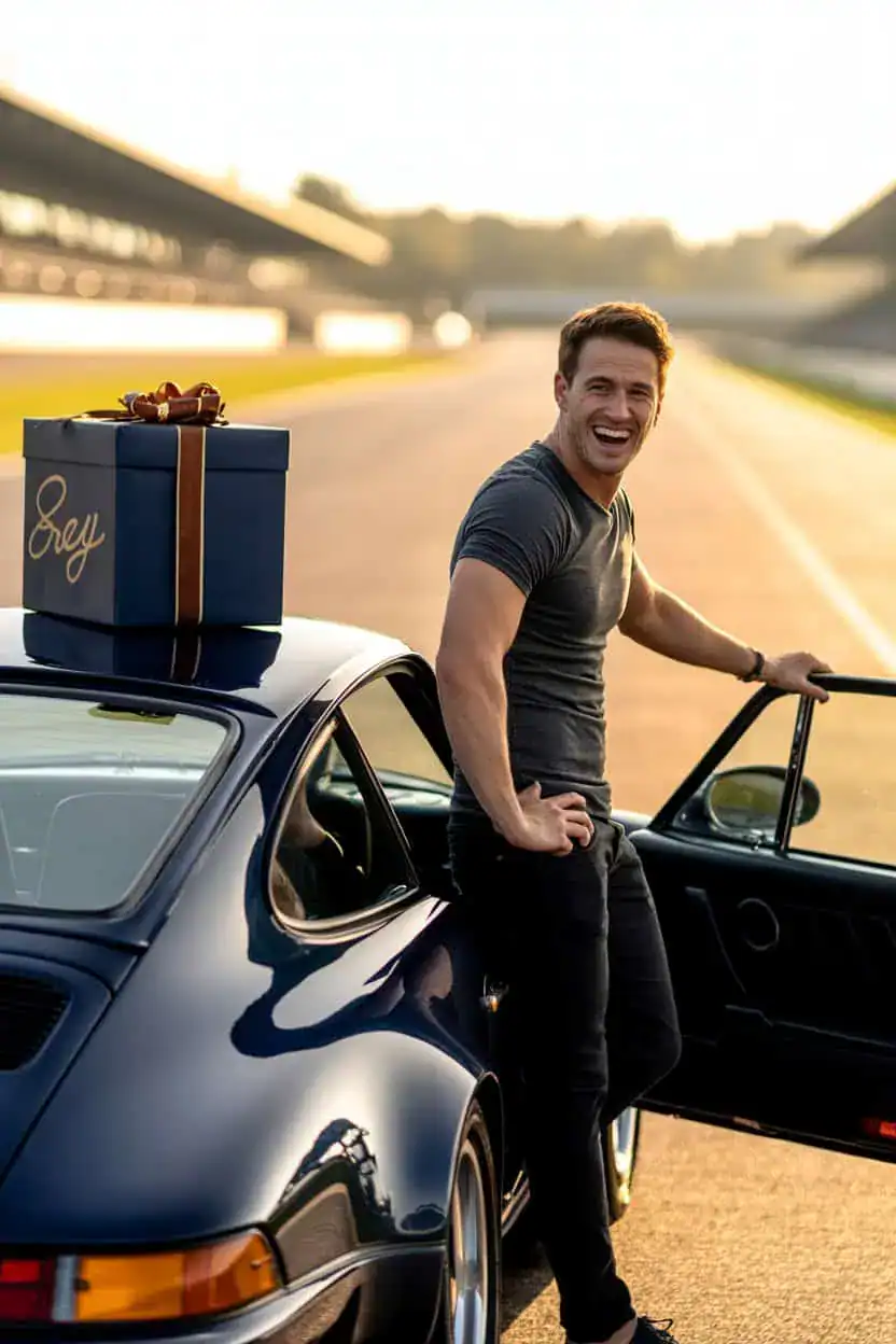 Hombre sonriente junto a un coche deportivo en un circuito, con una caja de regalo sobre el vehículo como idea de experiencia de cumpleaños.