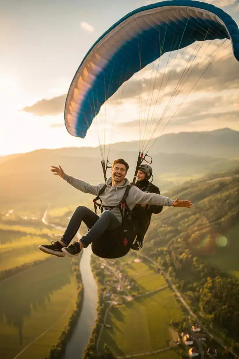 Hombre disfrutando de un vuelo en parapente tándem sobre un valle al atardecer, como idea de regalo de experiencia para su cumpleaños.