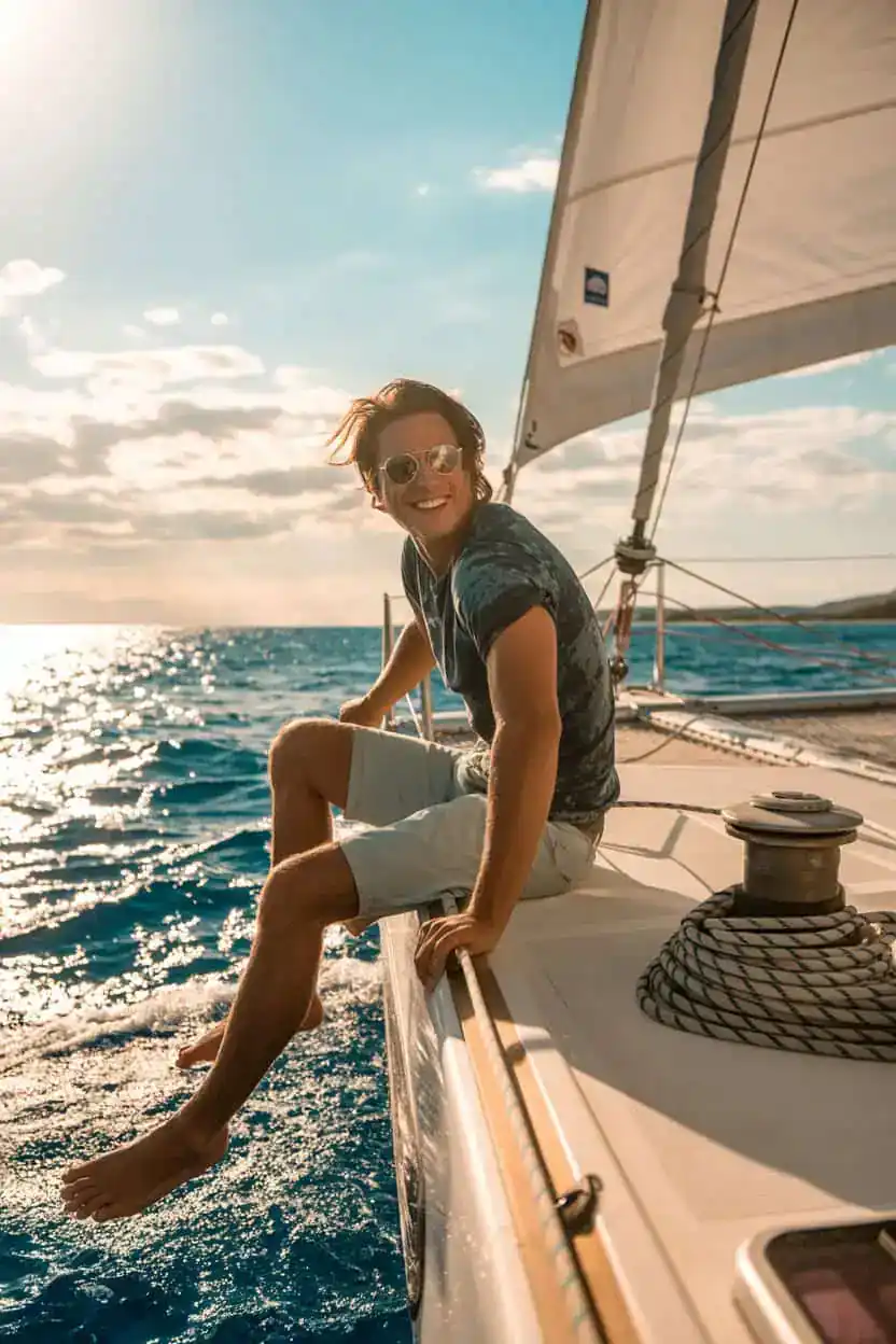 Hombre sonriente navegando en un velero por el mar, como idea de regalo de experiencia para su cumpleaños.