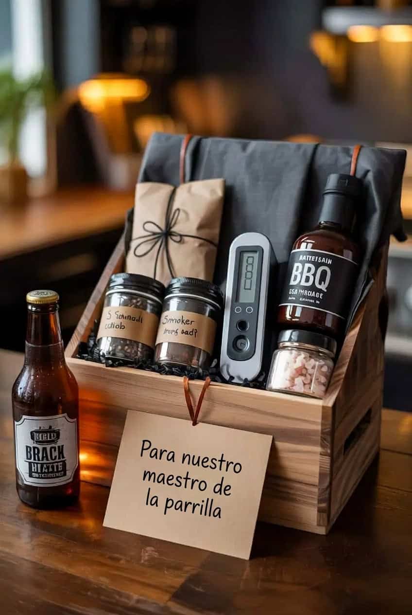 Caja de regalo para un amante de la parrilla con salsa BBQ, especias, termómetro digital y cerveza, acompañada de una tarjeta que dice "Para nuestro maestro de la parrilla