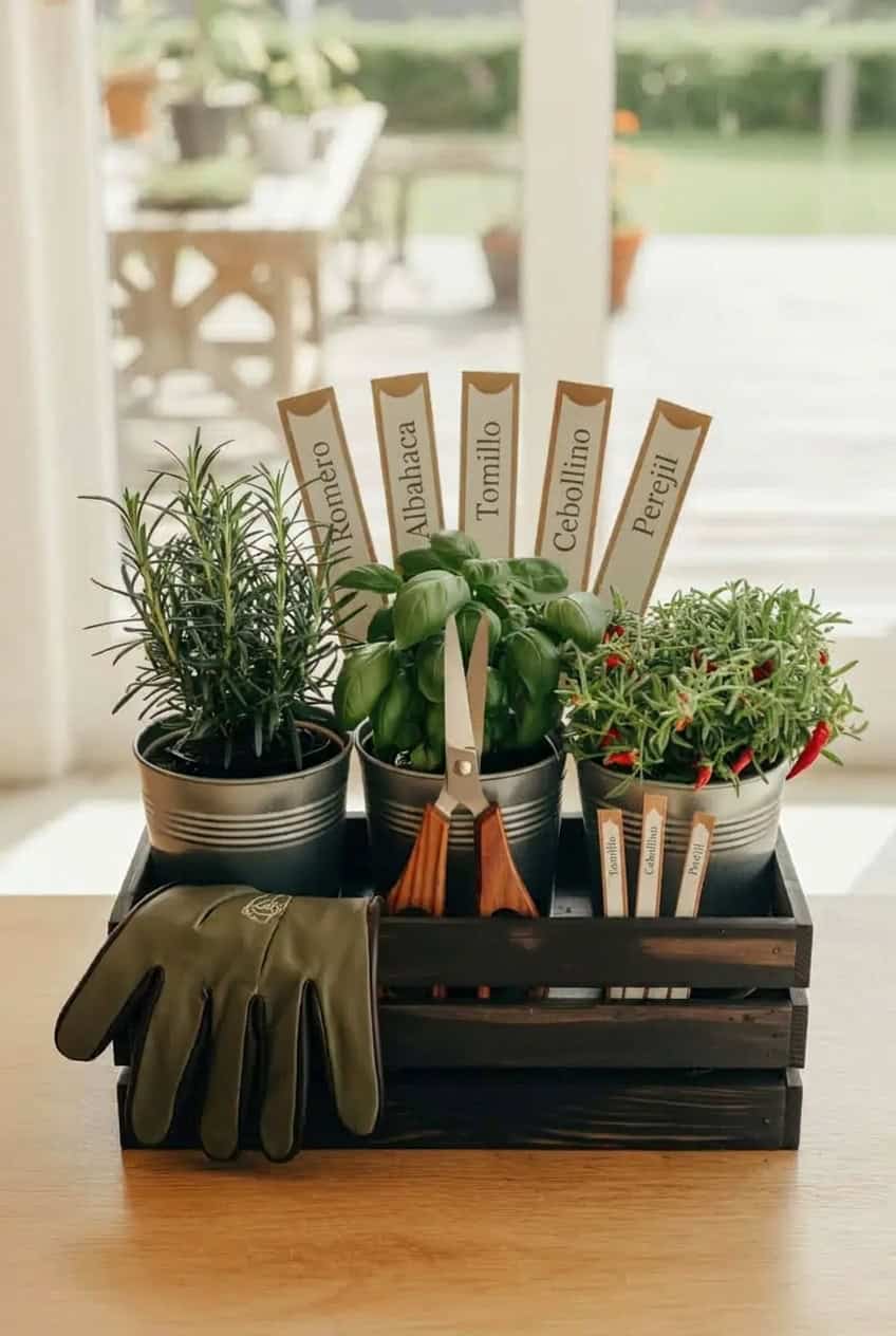 Caja de regalo para amantes de la jardinería con romero, albahaca, tomillo, cebollino, perejil, tijeras y guantes de jardín