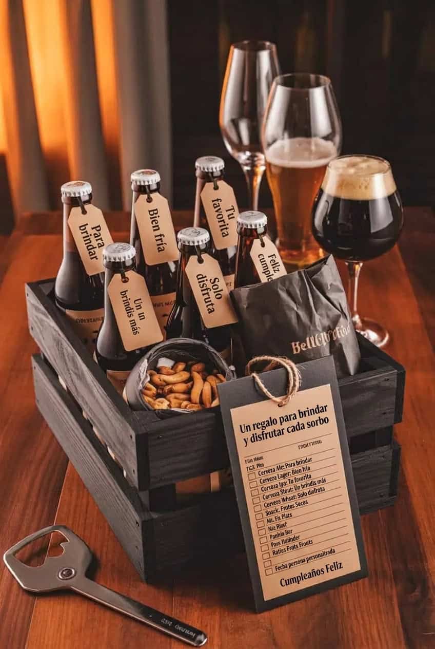 Caja de regalo para una cata de cervezas con varias botellas, copas, frutos secos, abridor y una tarjeta de degustación para cumpleaños