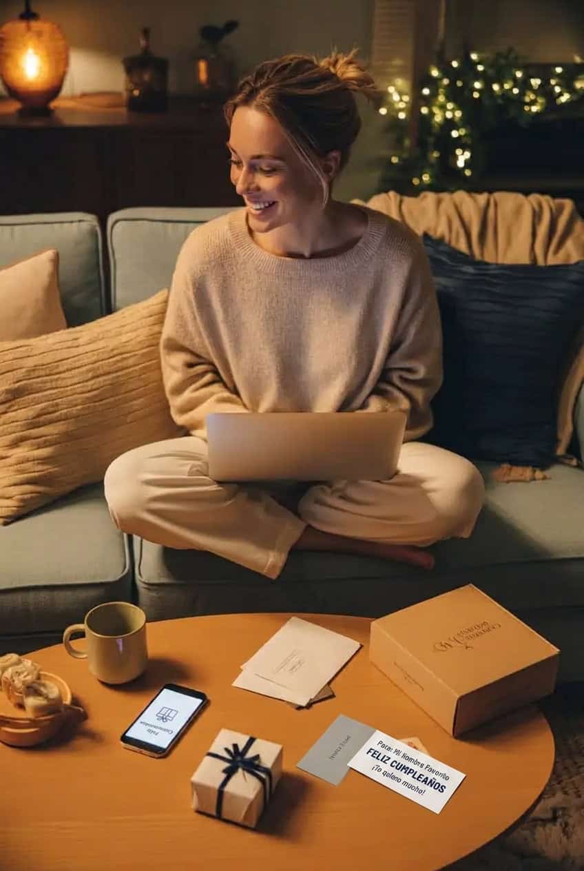 Mujer buscando un regalo de cumpleaños de última hora en su laptop, con un paquete de regalo y una tarjeta de cumpleaños sobre la mesa.