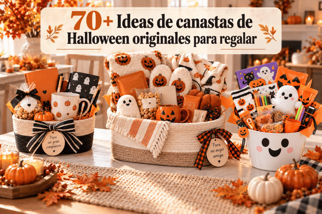 Tres canastas de regalo de Halloween con dulces, artículos acogedores, papelería y detalles infantiles en una decoración otoñal.