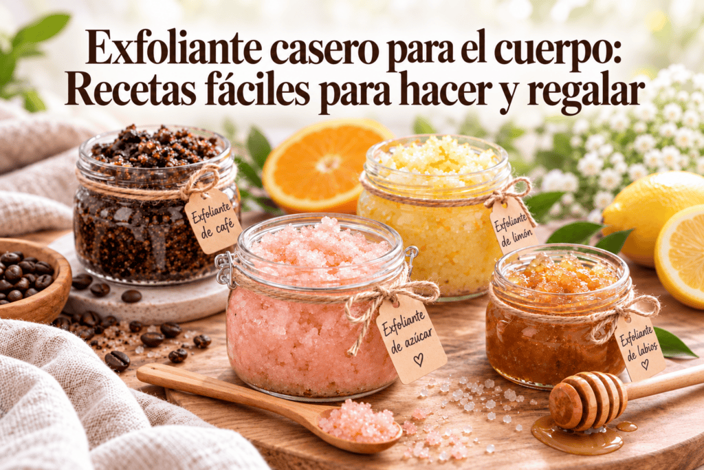 Frascos de exfoliante casero de café, azúcar y para labios con etiquetas de regalo, sobre una mesa de madera