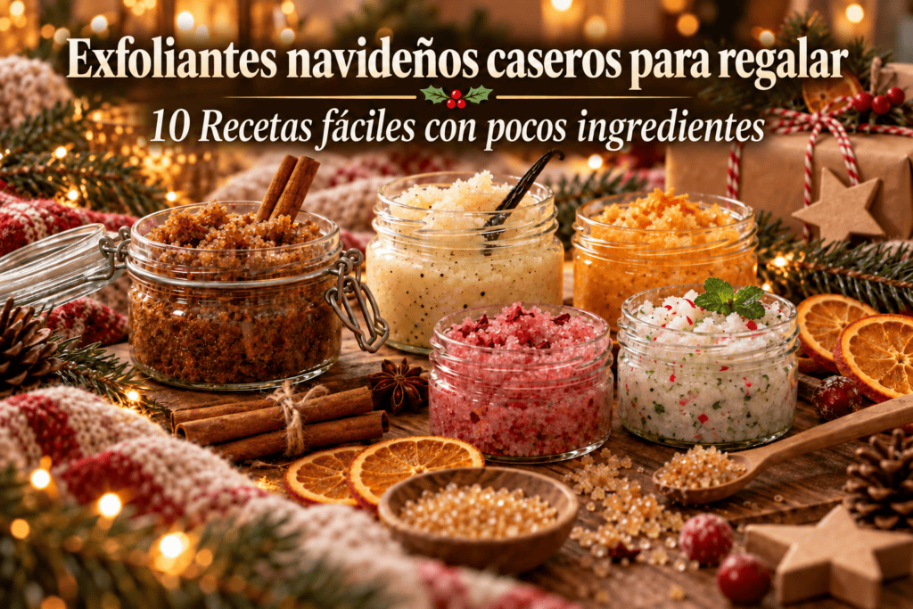 Cinco frascos de exfoliantes navideños caseros con canela, vainilla, naranja, frutos rojos y menta sobre una mesa de madera con decoración de Navidad.