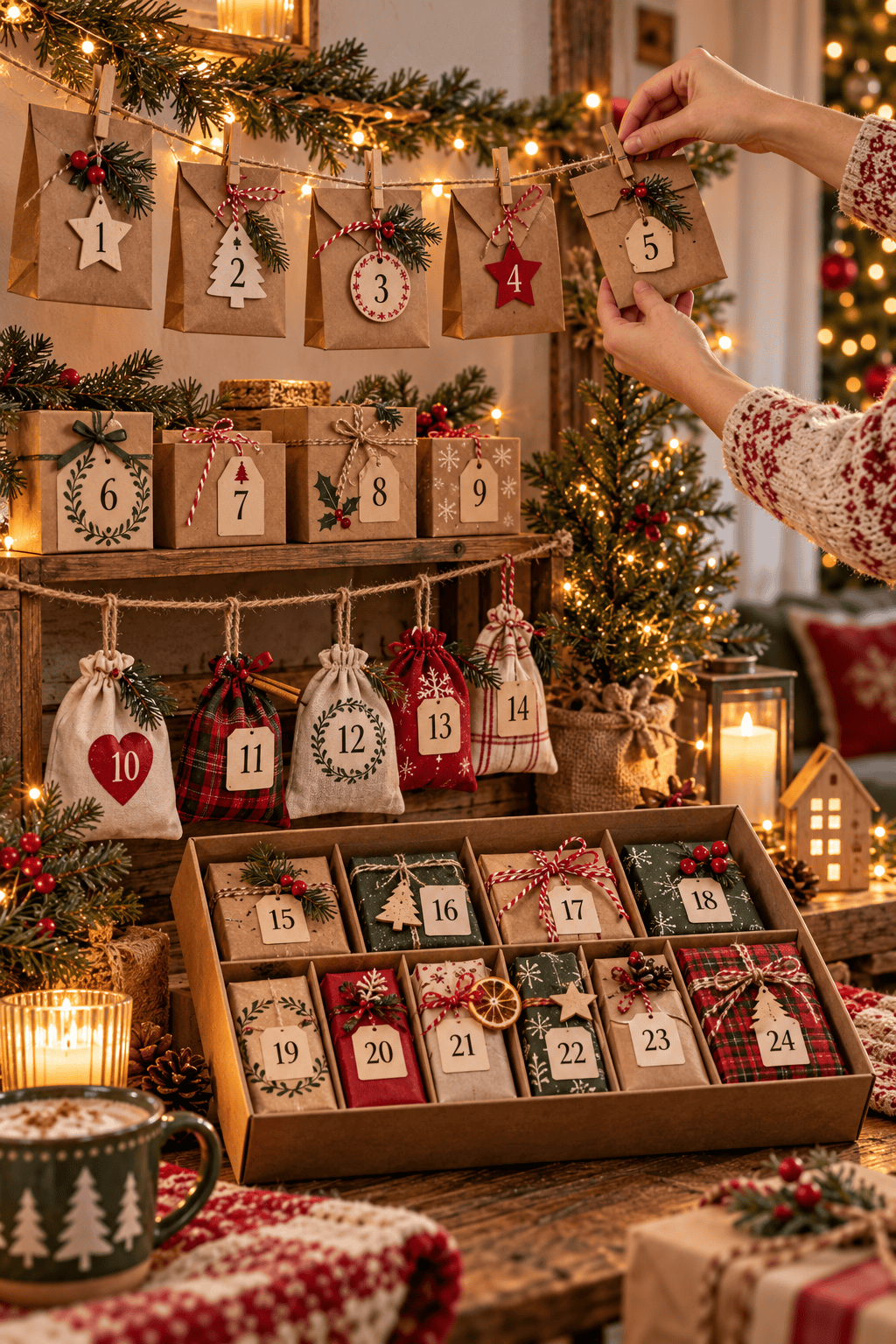 Calendario de Adviento casero con bolsas de papel kraft colgadas, cajitas, bolsitas de tela y una caja con paquetes numerados del 1 al 24
