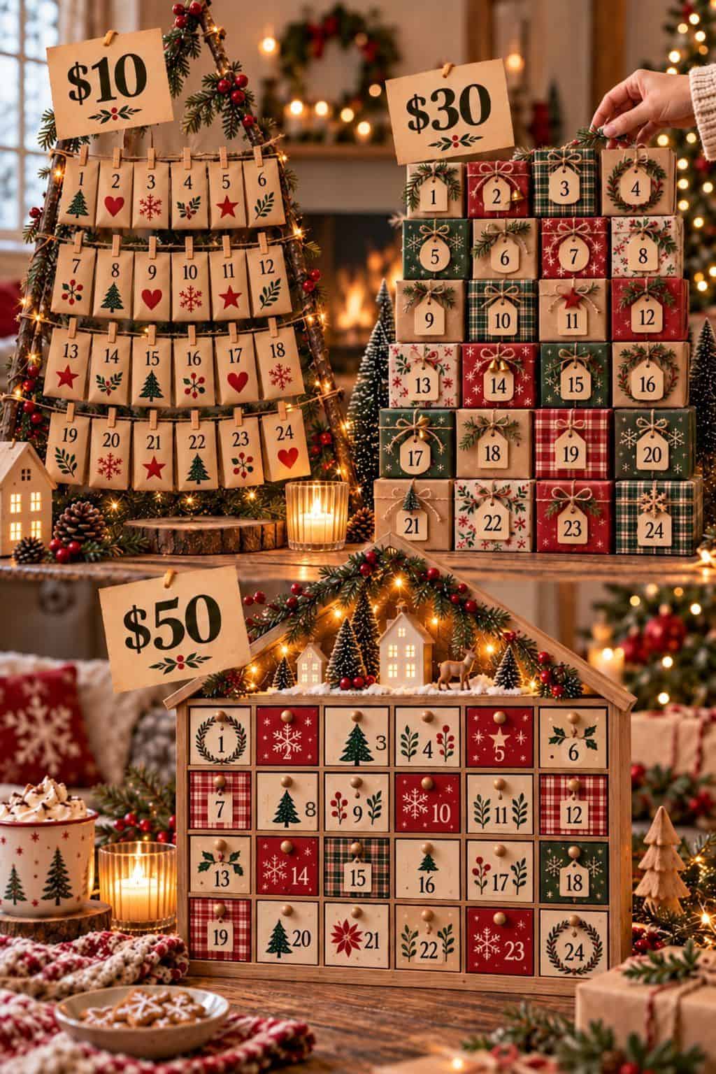 Tres calendarios de Adviento caseros con carteles de precio de $10, $30 y $50: Sobres colgados, cajitas de regalo y una casita de madera con cajones