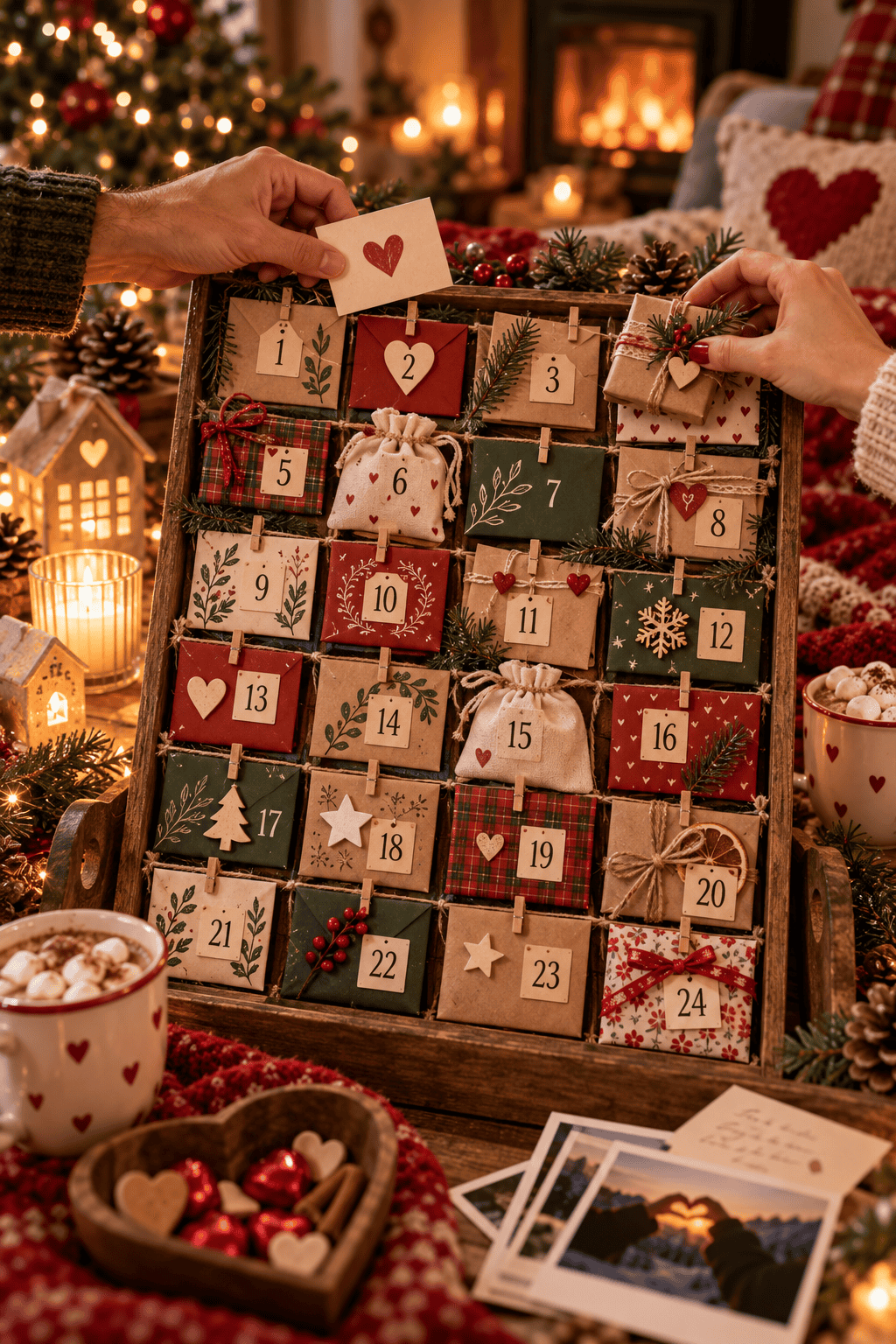 Calendario de Adviento para pareja con sobres y bolsitas numeradas con corazones, dos manos sacando una nota de amor, fotos y chocolates