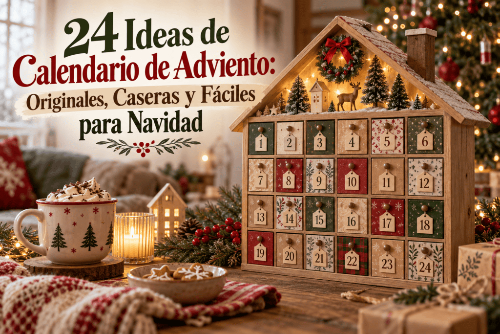 Calendario de Adviento de madera en forma de casita con 24 cajoncitos numerados, junto a una taza de chocolate caliente y galletas navideñas