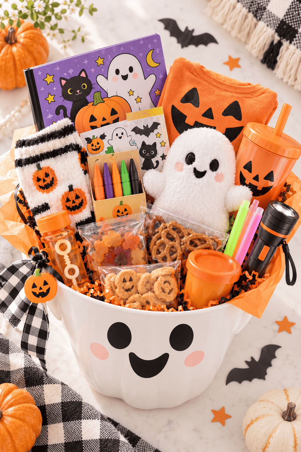 Cesta blanca con cara de fantasma, llena de regalos de Halloween para niños: peluche, libro, camiseta, calcetines, crayones, dulces y accesorios de calabaza.