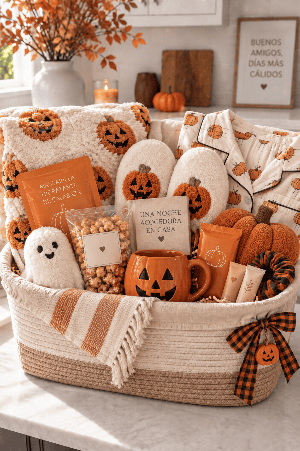Cesta de Halloween con manta y pantuflas de calabaza, pijama, taza, palomitas, mascarilla facial y una tarjeta que dice "Una noche acogedora en casa".