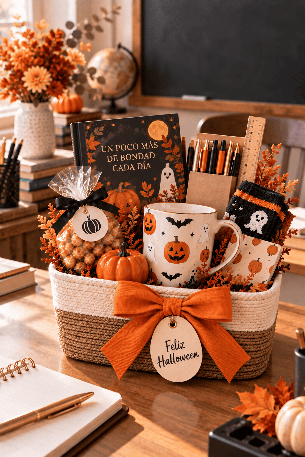 Cesta de Halloween para una profesora con libro, taza de calabazas y fantasmas, bolígrafos, regla, calcetines y dulces, decorada con un lazo naranja y una etiqueta que dice "Feliz Halloween".