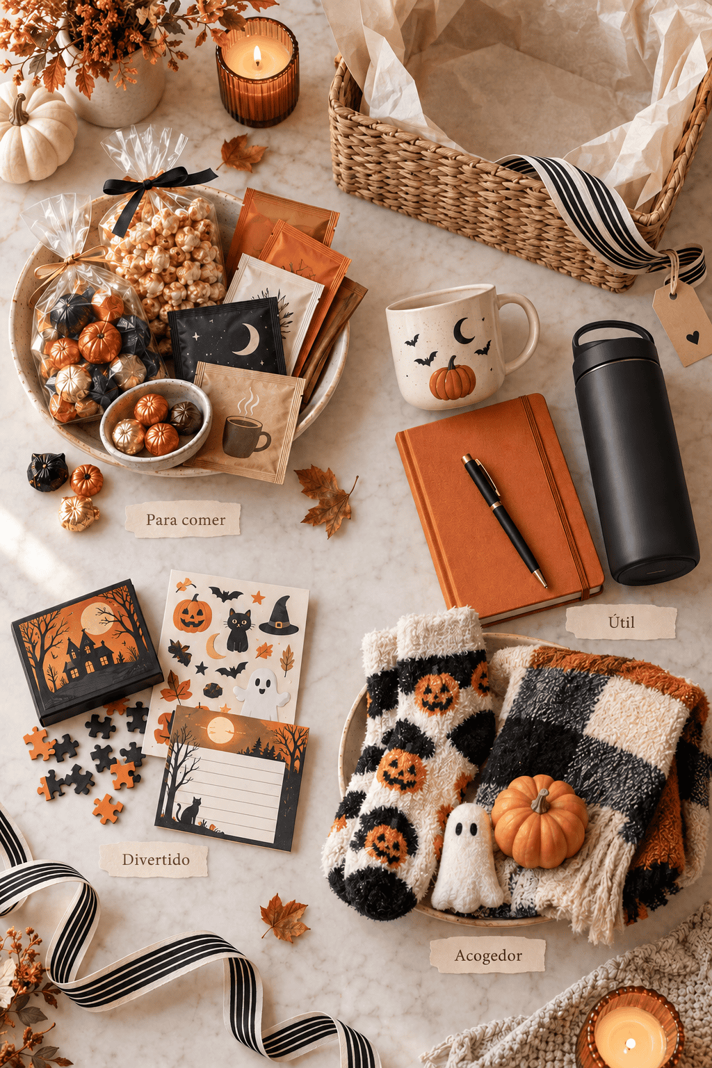 Objetos para armar una cesta de Halloween, organizados en cuatro grupos: dulces y palomitas para comer, taza y libreta útiles, rompecabezas y pegatinas para divertirse, y manta y calcetines para estar cómodo.