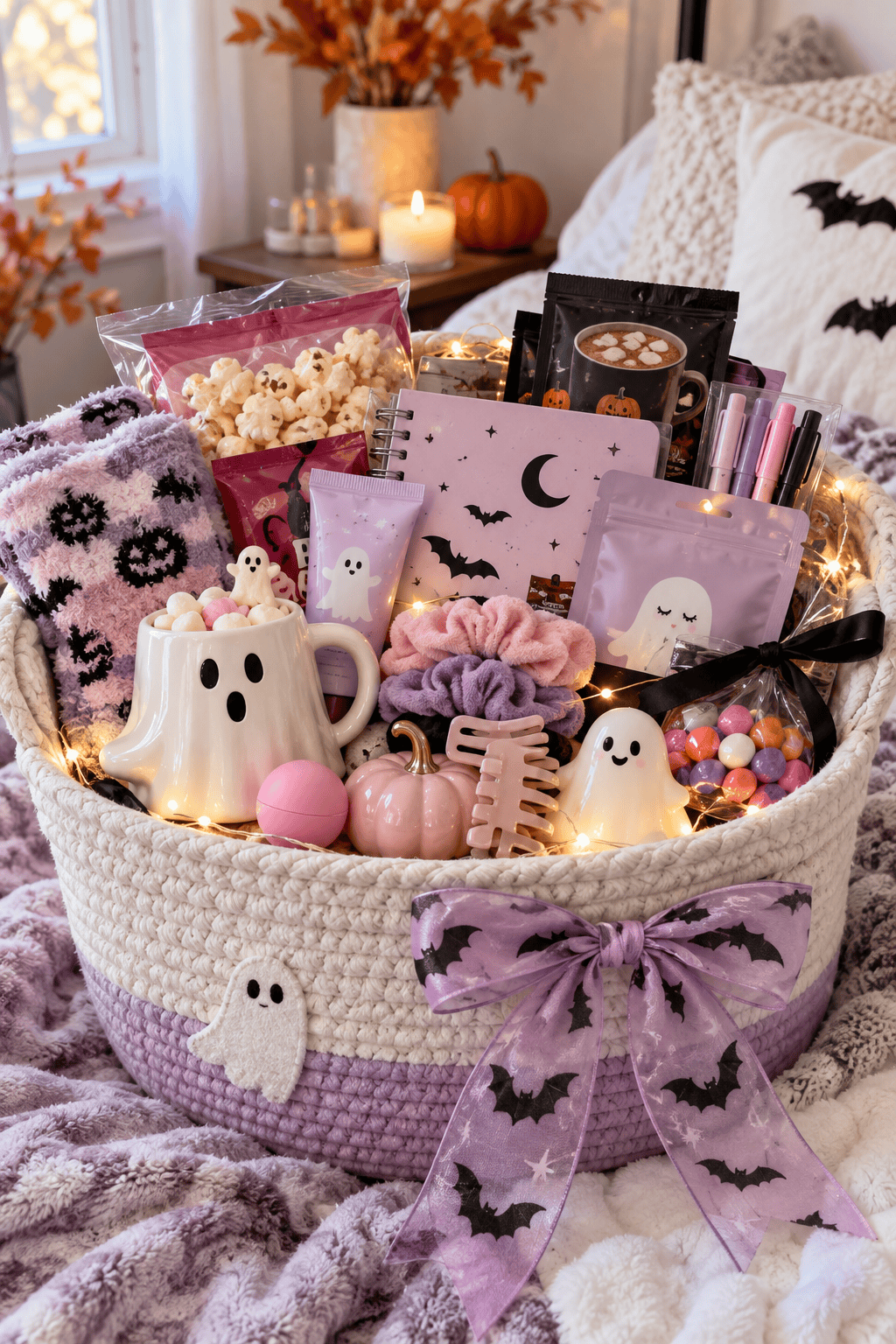 Cesta de Halloween en tonos lilas para una adolescente, con palomitas, chocolate caliente, calcetines, taza de fantasma, cuaderno, artículos de cuidado personal, accesorios para el pelo y dulces.
