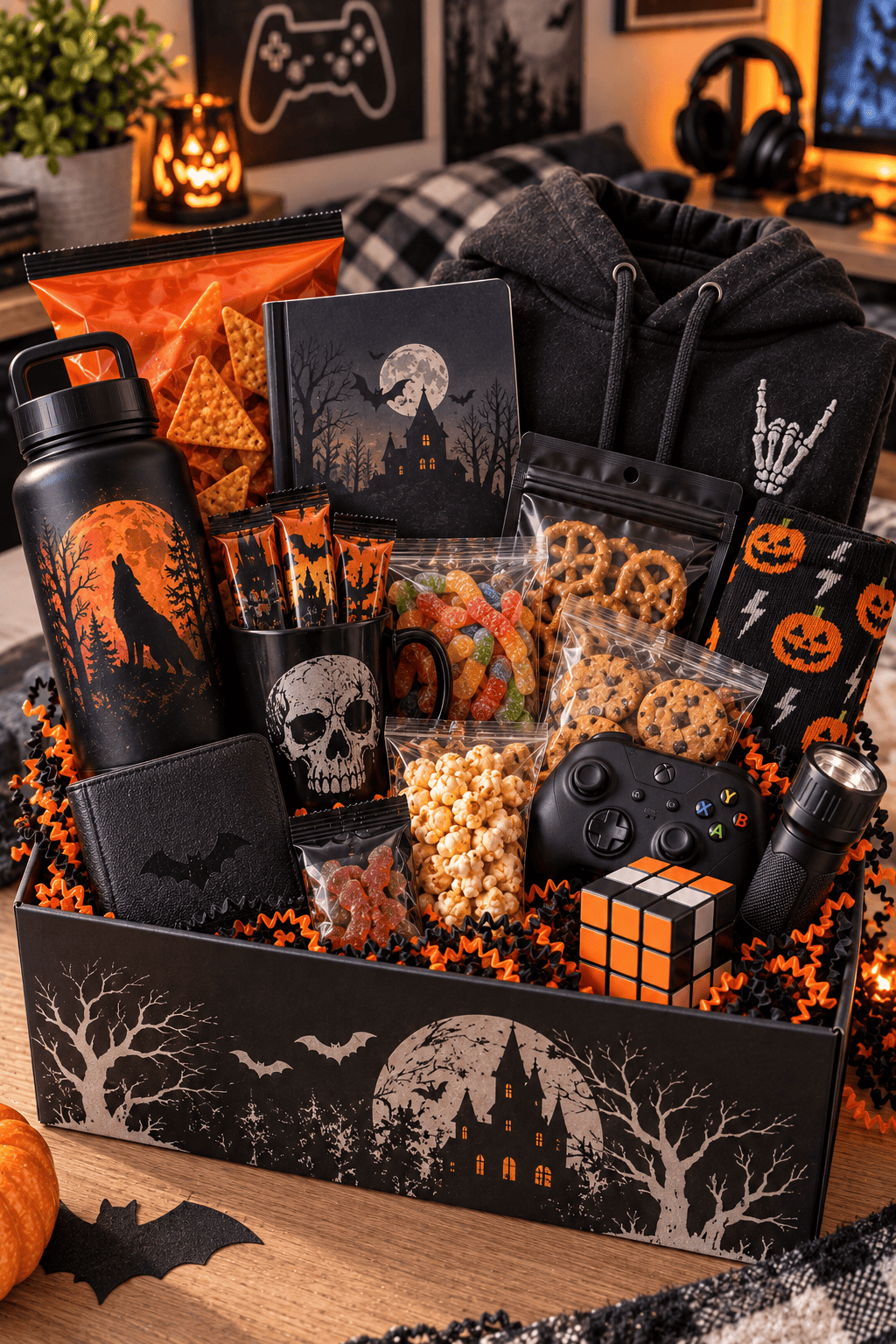 Caja de regalo de Halloween en tonos negros y naranjas para un adolescente, con sudadera, botana, dulces, libreta, calcetines, botella de agua, control de videojuegos y linterna.