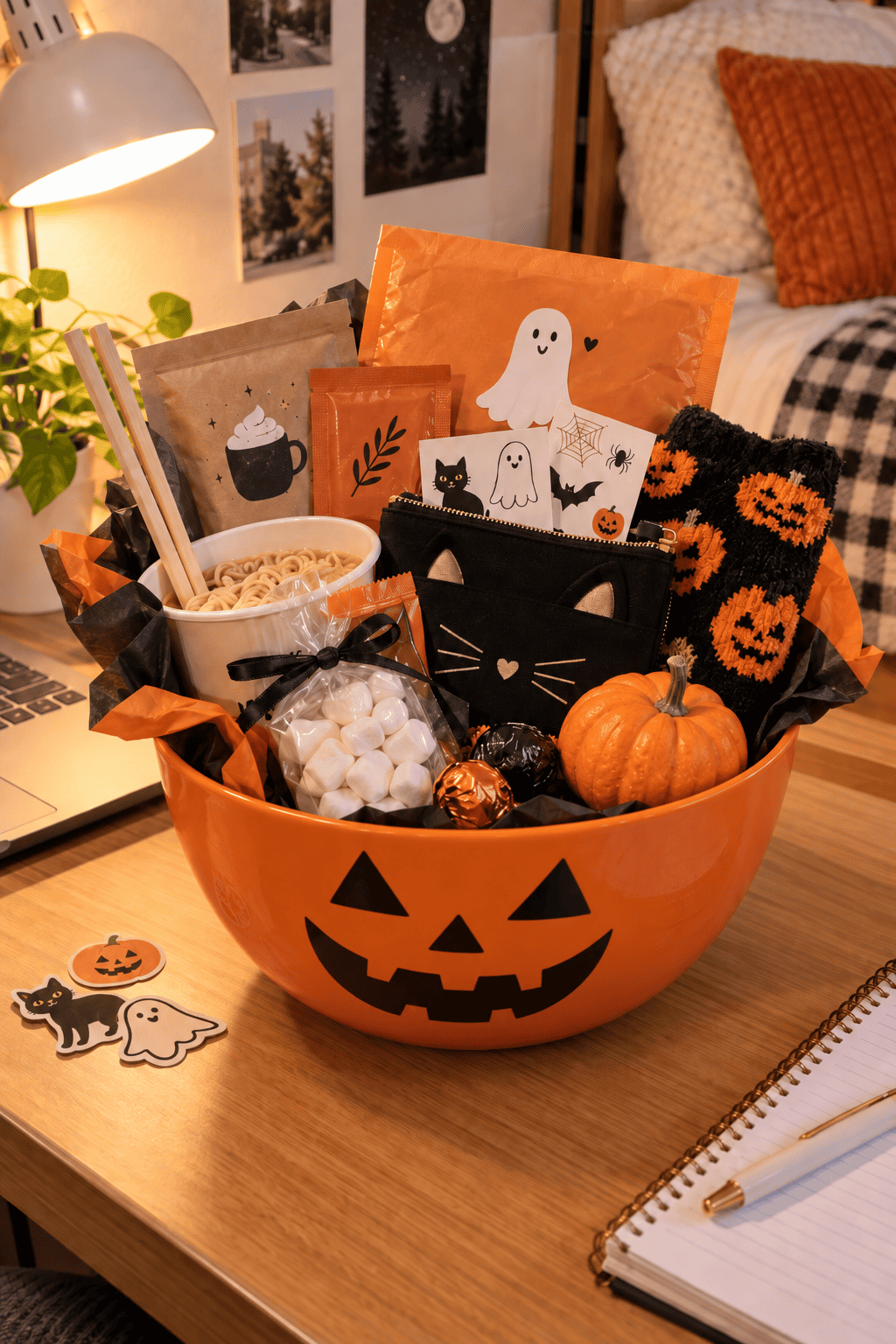 Recipiente naranja con cara de calabaza lleno de regalos de Halloween para un estudiante universitario: fideos instantáneos, malvaviscos, calcetines, estuche de gato negro y pequeños dulces.