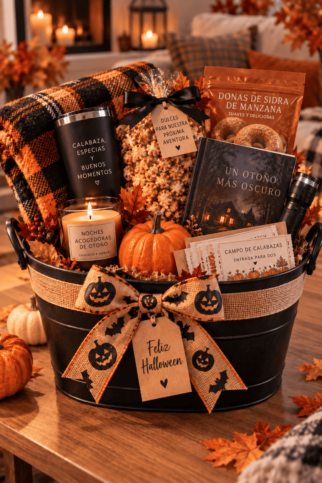 Cesta de regalo de Halloween en tonos negros y naranjas, con manta, termo, palomitas, donas de sidra de manzana, libro de misterio, vela y entradas para un campo de calabazas. Una etiqueta dice "Feliz Halloween".