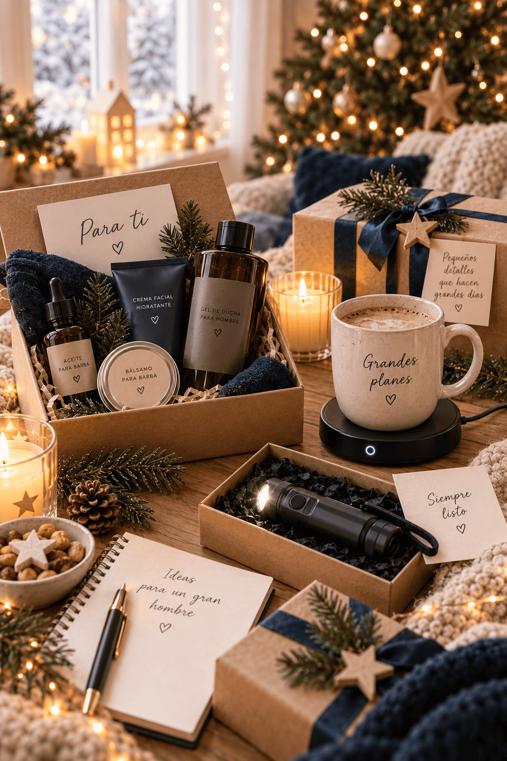Pequeños regalos de Navidad para hombre sobre una mesa de madera, con una caja de cuidado personal con aceite y bálsamo para barba, crema facial y gel de ducha etiquetada "Para ti", una taza con calentador eléctrico que dice "Grandes planes", una linterna con la nota "Siempre listo", un cuaderno con "Ideas para un gran hombre", regalos envueltos con la etiqueta "Pequeños detalles que hacen grandes días" y velas encendidas.