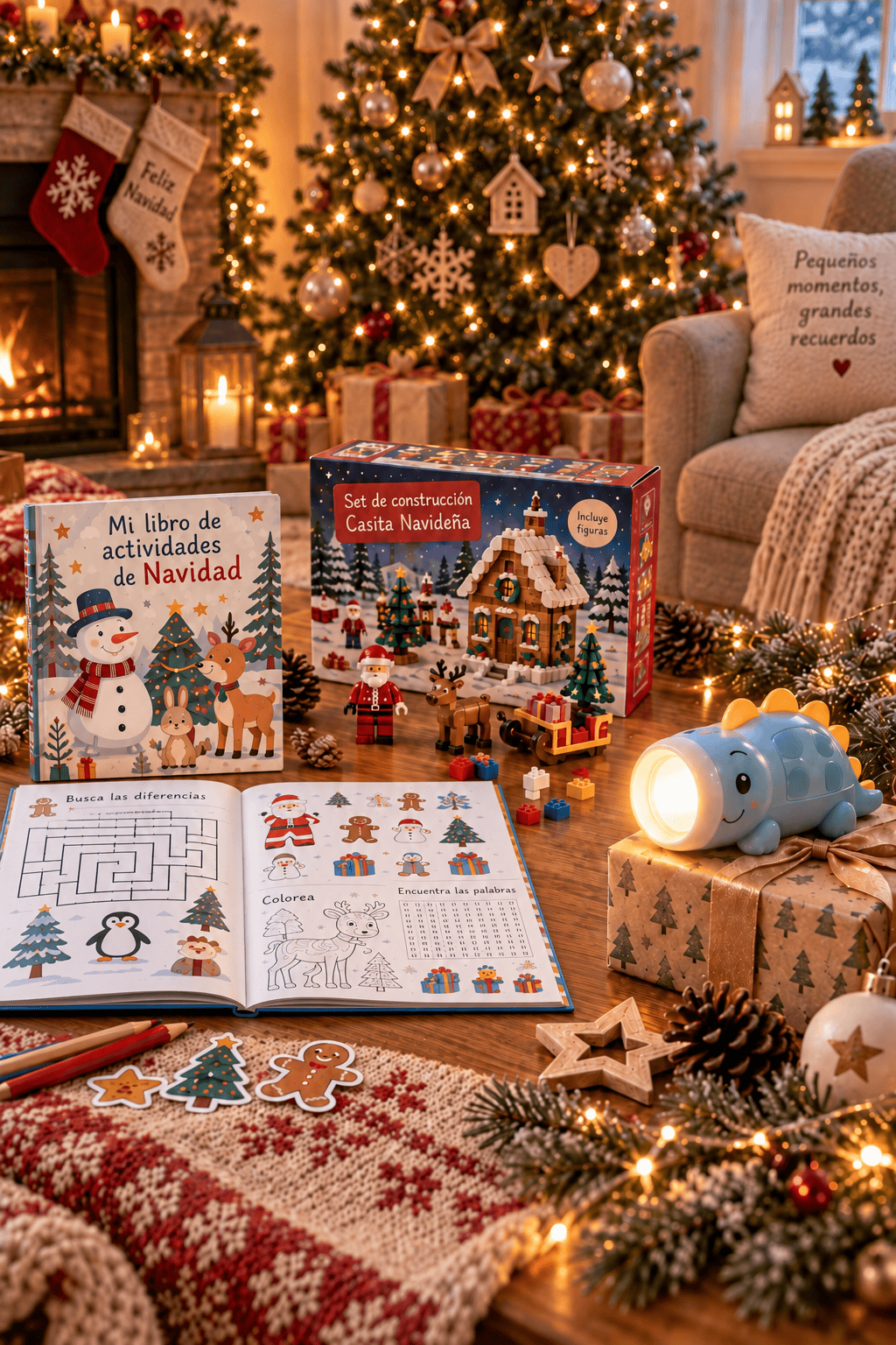 Pequeños regalos de Navidad para niños con libro de actividades, set de construcción y linterna infantil, colocados en una sala decorada con árbol de Navidad, luces y regalos.