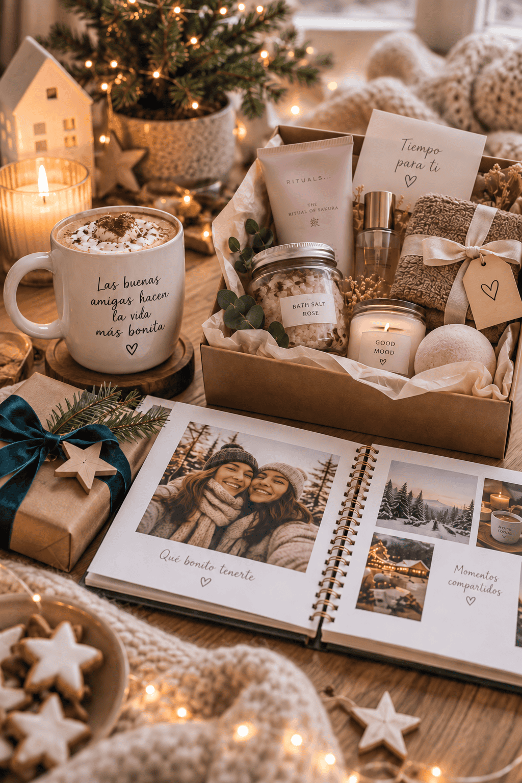 Pequeños regalos de Navidad para amigas sobre una mesa de madera, con un frasco de galletas con la etiqueta "Qué bonito tenerte en mi vida", un llavero grabado con la misma frase, una taza con chocolate caliente y nata, un álbum con la frase "Pequeños momentos, gran felicidad", fotos de invierno, un vale escrito a mano "Vale para tiempo juntos", una vela encendida y una casita decorativa iluminada.