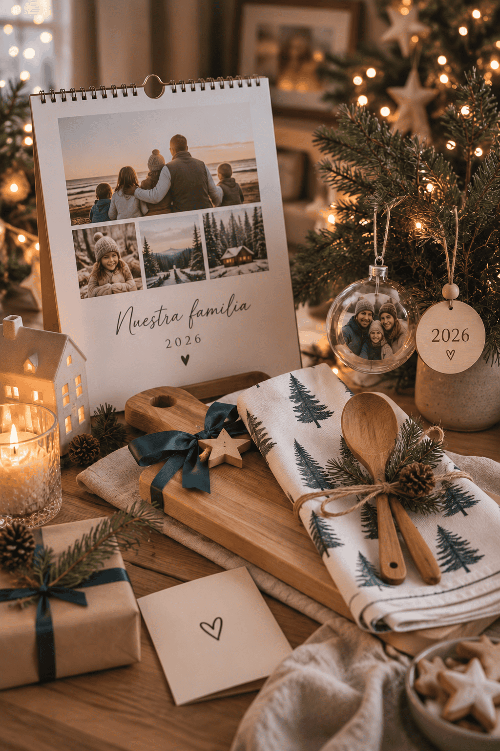 Pequeños regalos de Navidad para la familia sobre una mesa de madera, con un calendario personalizado con fotos familiares y el texto "Nuestra familia 2026", un adorno navideño con foto familiar y una placa grabada "2026", una tabla de madera con paño de cocina estampado con árboles, una cuchara de madera decorativa, una casita iluminada, velas encendidas y un regalo envuelto.
