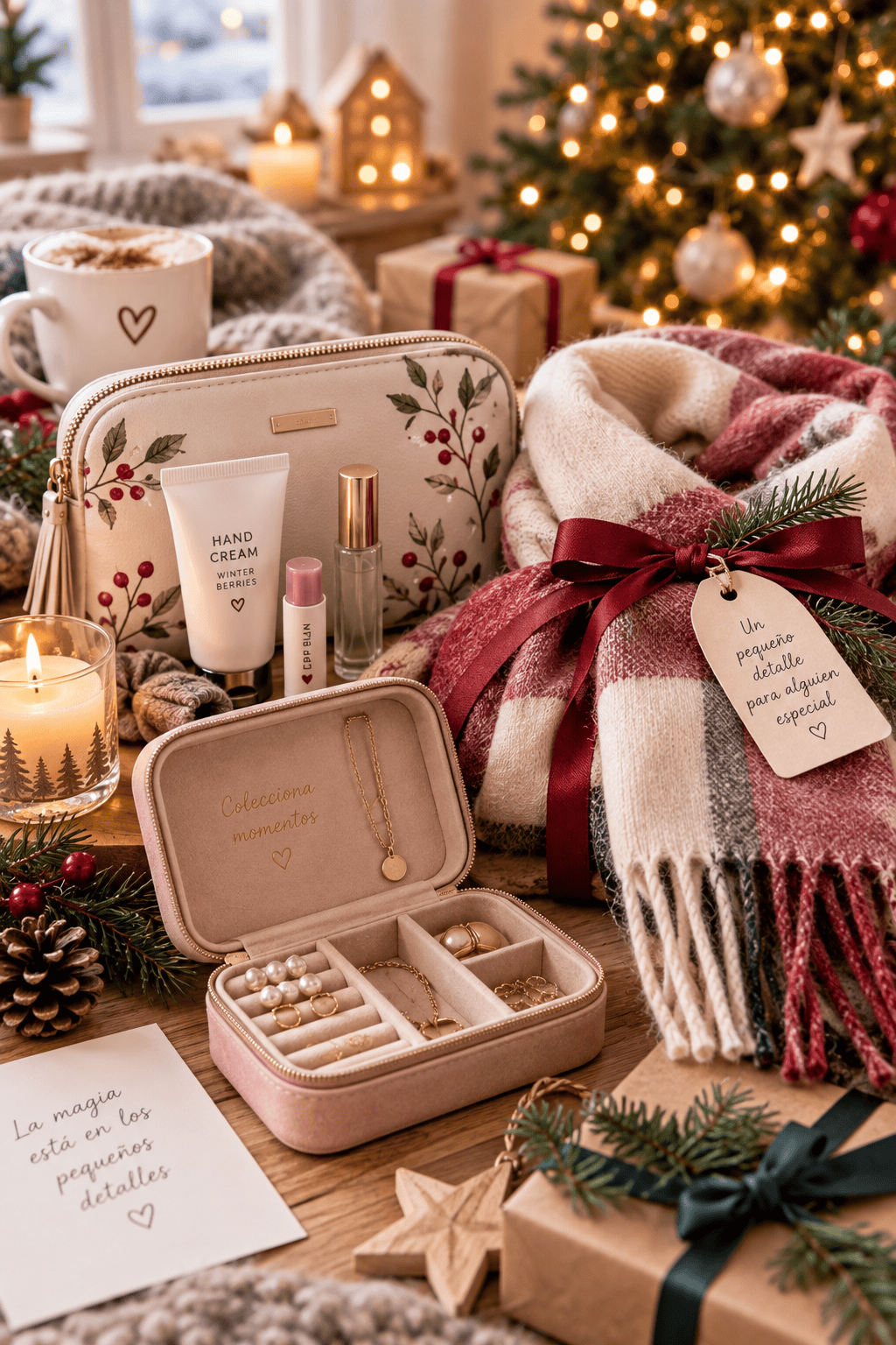 Pequeños regalos de Navidad para mujer con neceser, productos de cuidado personal, bufanda suave y joyero de viaje, colocados junto a un árbol de Navidad con luces y paquetes decorados