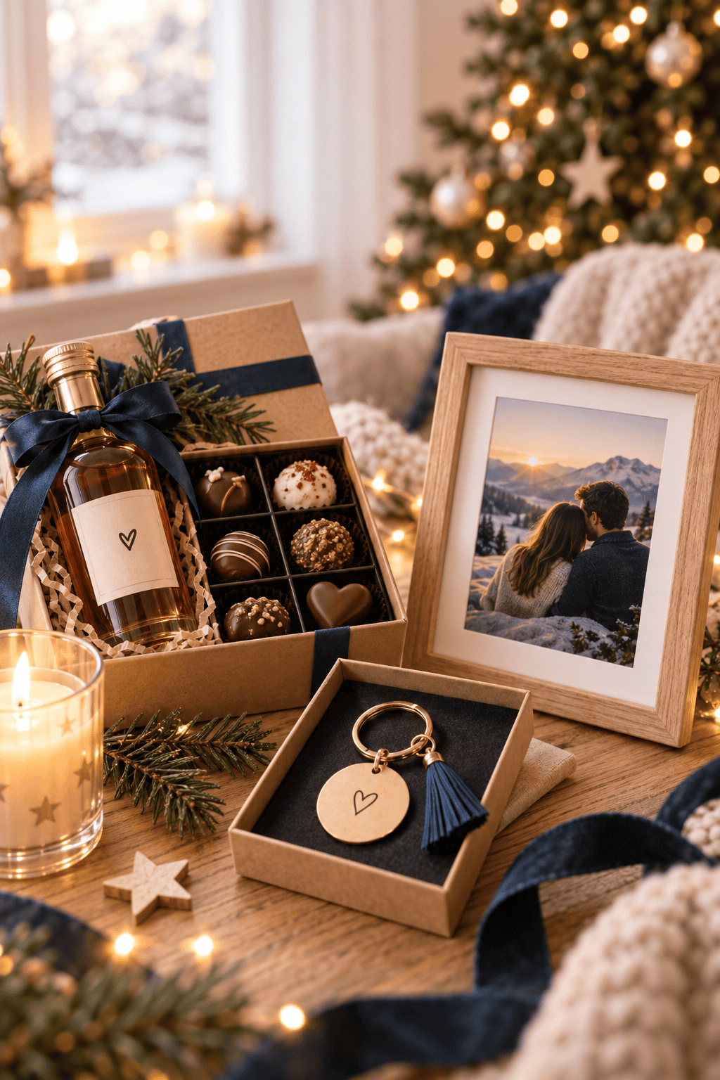 Pequeños regalos de Navidad para novio sobre una mesa de madera, con una caja de bombones, una mini botella de licor con lazo azul oscuro, un llavero grabado con un corazón, un marco de fotos con una pareja abrazada frente a montañas nevadas al atardecer, una vela encendida y decoración navideña.