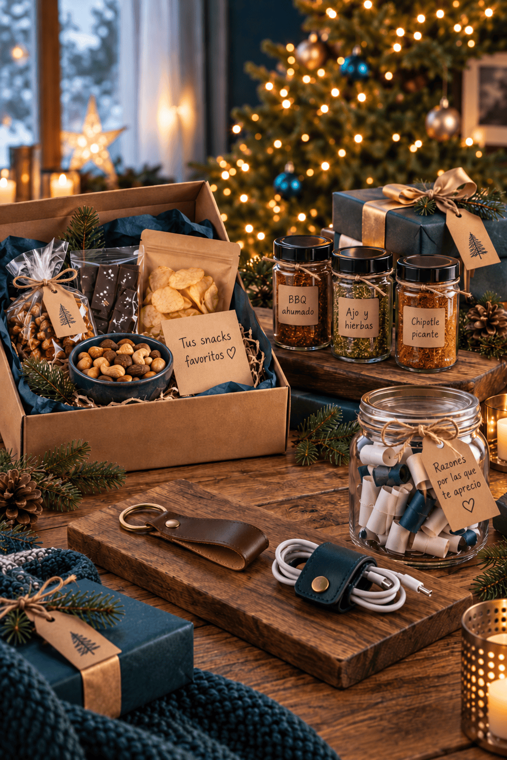 Regalos DIY de Navidad para hombre sobre una mesa de madera, con una caja de cartón con snacks y la nota "Tus snacks favoritos", frascos de especias caseras etiquetados "BBQ ahumado", "Ajo y hierbas" y "Chipotle picante", un llavero de cuero, un organizador de cables, y un frasco con notas enrolladas y la etiqueta "Razones por las que te aprecio", junto a regalos envueltos y velas encendidas.