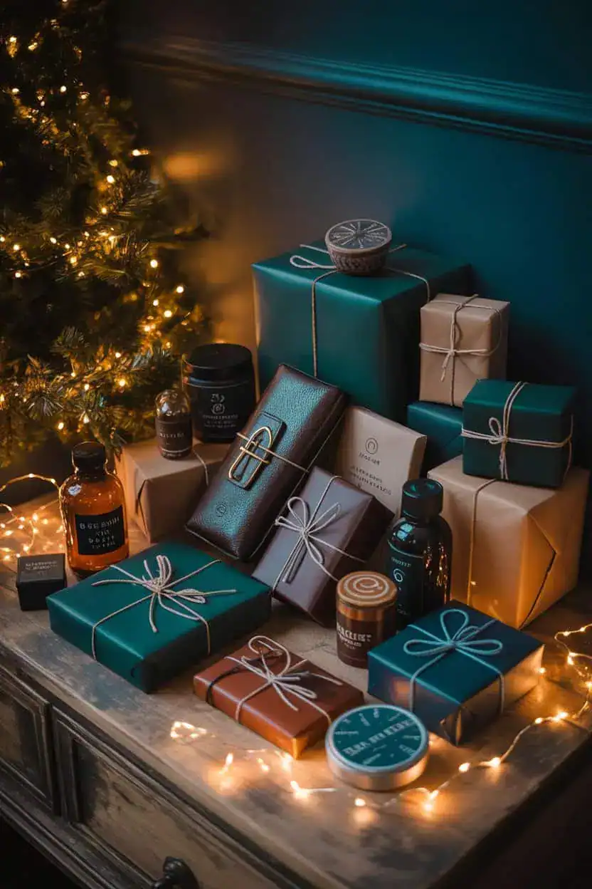 Regalos de Navidad para hombre envueltos en papel verde, dorado y marrón con cordel, junto a una cartera de cuero, frascos de cuidado personal y una vela, iluminados por luces cálidas junto a un árbol de Navidad.