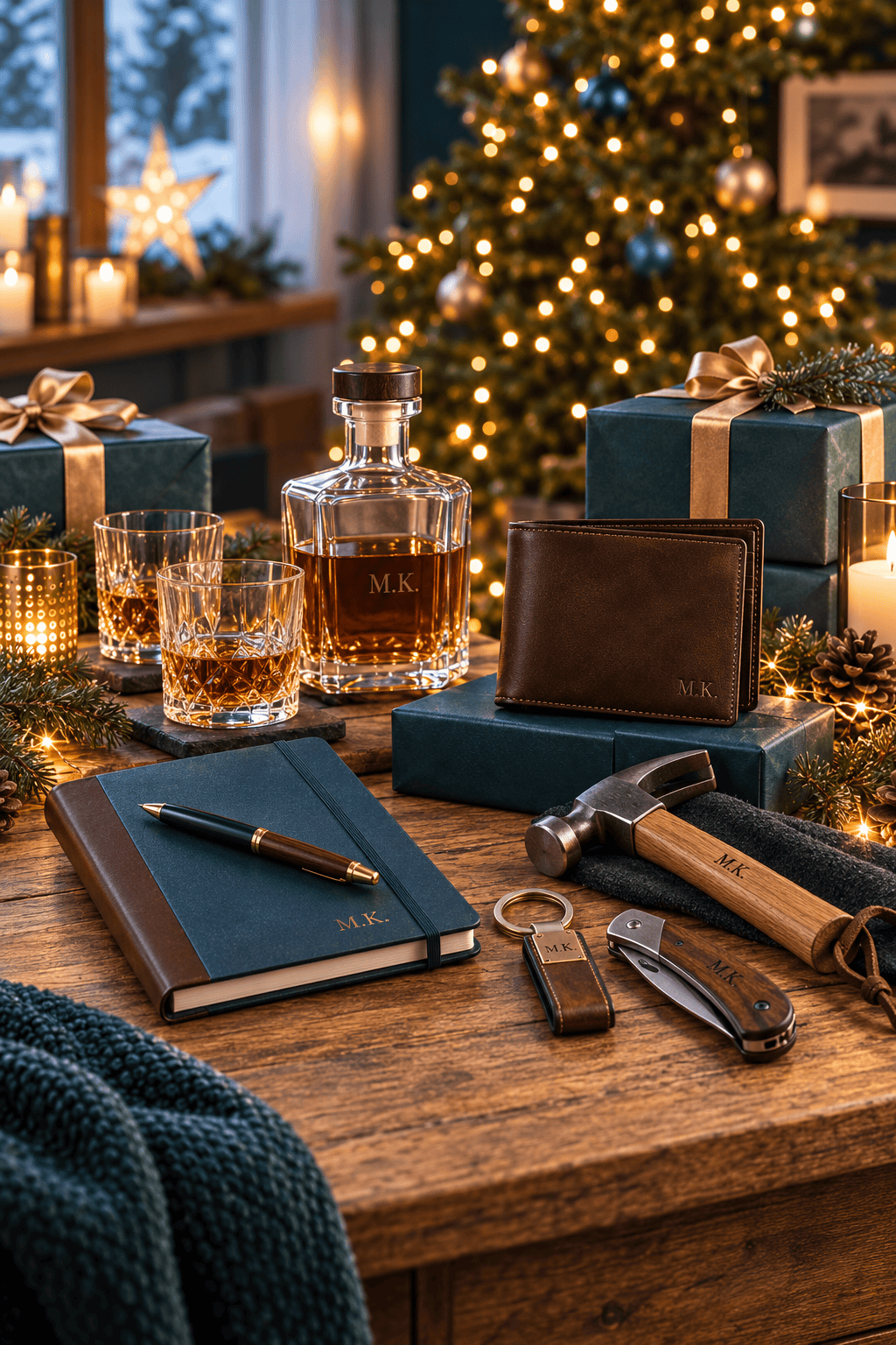 Regalos personalizados de Navidad para hombre grabados con las iniciales "M.K.", con una jarra de whisky, dos vasos, una cartera de cuero, una libreta con bolígrafo, un llavero, una navaja y un martillo, sobre una mesa de madera junto a regalos envueltos, velas encendidas y un árbol de Navidad decorado.