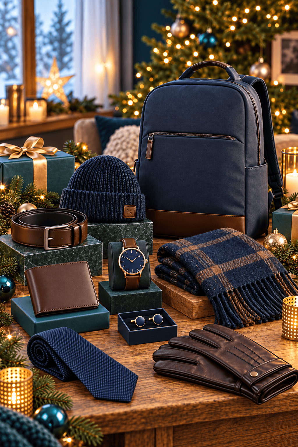 Regalos de ropa y accesorios de Navidad para hombre sobre una mesa de madera, con una mochila azul de cuero, un gorro de punto, un cinturón marrón, una cartera de cuero, un reloj, gemelos, una bufanda de cuadros, una corbata azul y guantes de cuero marrón, junto a regalos envueltos, velas encendidas y un árbol de Navidad decorado.