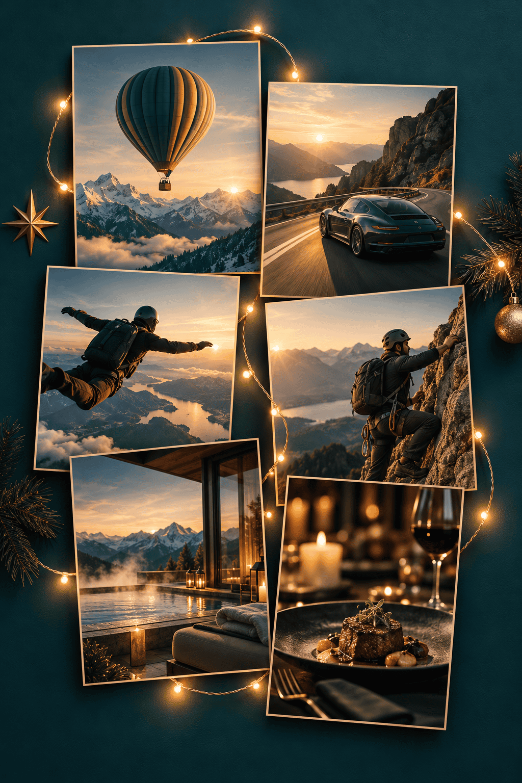 Collage de fotos de experiencias de regalo para hombre sobre fondo verde oscuro con luces navideñas: un paseo en globo aerostático sobre montañas nevadas, un auto deportivo en una carretera de montaña al atardecer, una persona saltando en paracaídas, un hombre escalando una pared de roca, una piscina infinita con vista a montañas y una cena romántica con velas, copa de vino y un plato gourmet.
