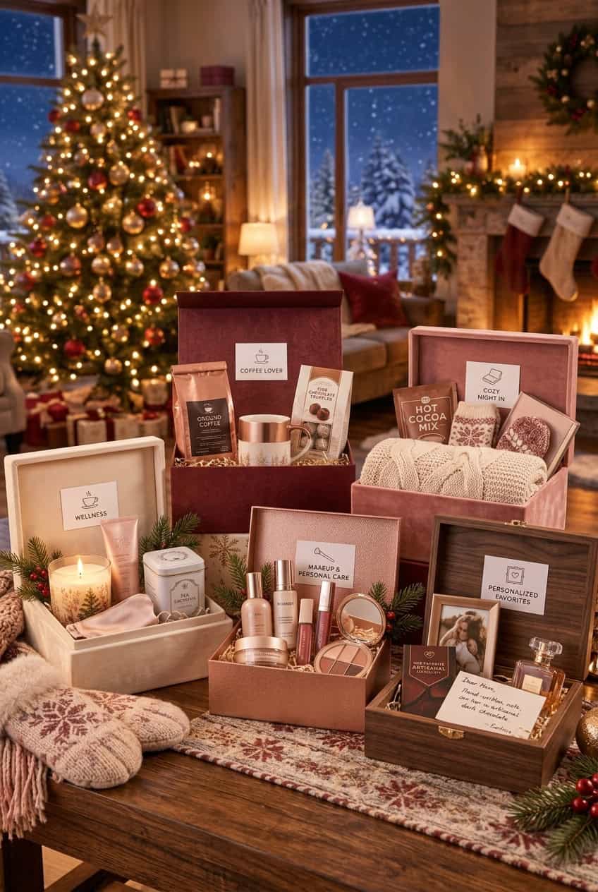 Cinco cajas de regalo temáticas de Navidad para mujer sobre una mesa junto al árbol navideño: una etiquetada "Coffee Lover" con café molido, taza y chocolates; una "Cozy Night In" con mezcla de cacao caliente, manta y guantes de punto; una "Wellness" con vela, crema y té; una "Makeup & Personal Care" con productos de maquillaje y cuidado facial; y una "Personalized Favorites" con perfume, una foto enmarcada y una nota escrita a mano.