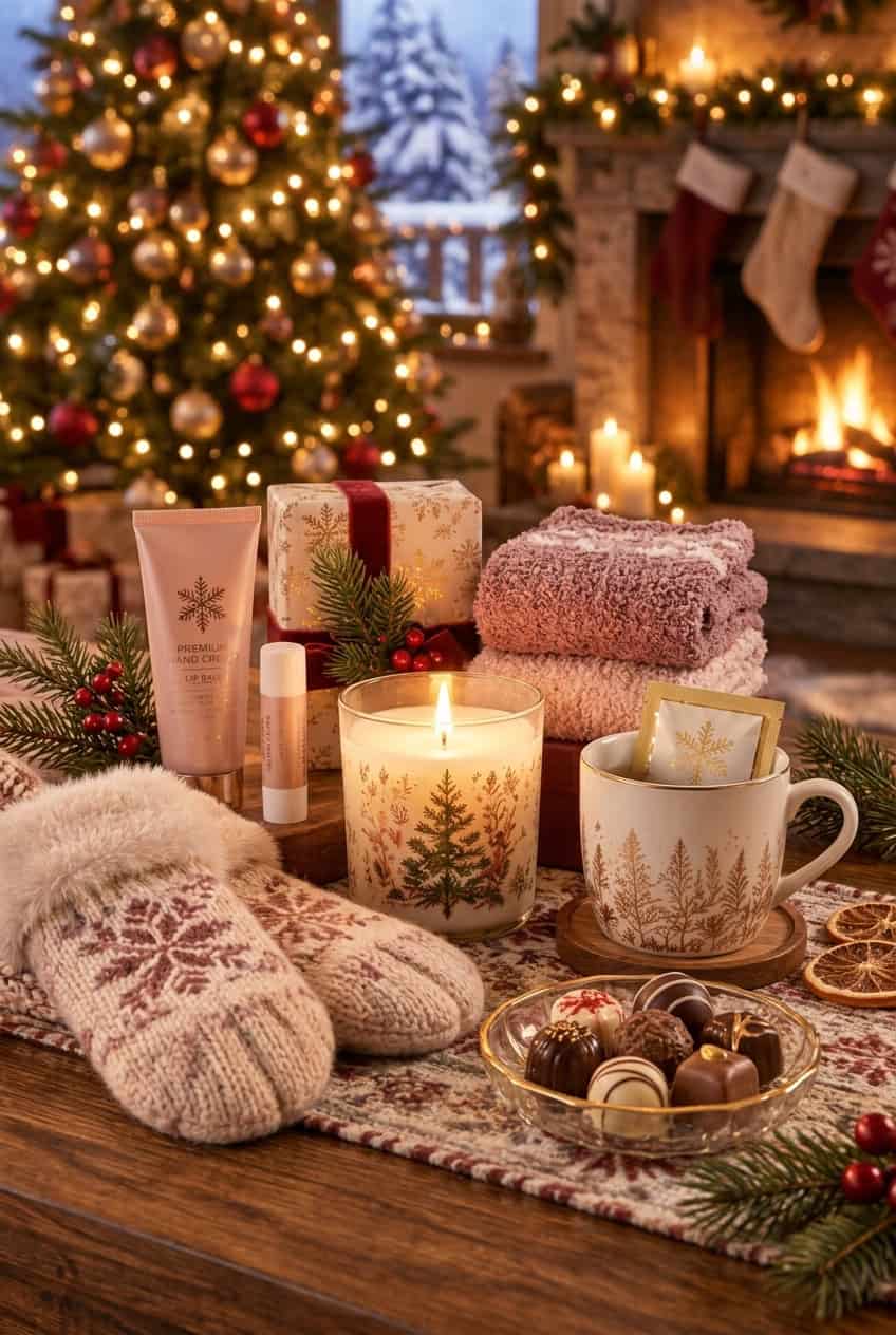 Pequeños regalos de Navidad para mujer sobre una mesa junto a la chimenea, con crema de manos, bálsamo labial, una vela con motivo navideño, calcetines de punto, una taza con infusión, guantes con pelo y un bol de chocolates, con un árbol de Navidad decorado y medias colgadas de fondo.