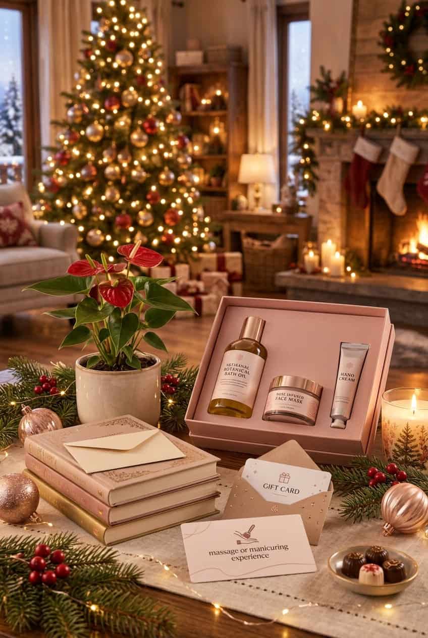 Regalos de Navidad de última hora para mujer sobre una mesa junto al árbol navideño, con una planta de anturio rojo, libros con un sobre, una tarjeta de regalo, un vale para "massage or manicuring experience", una caja rosa con aceite de baño, mascarilla facial y crema de manos, chocolates y una vela encendida.