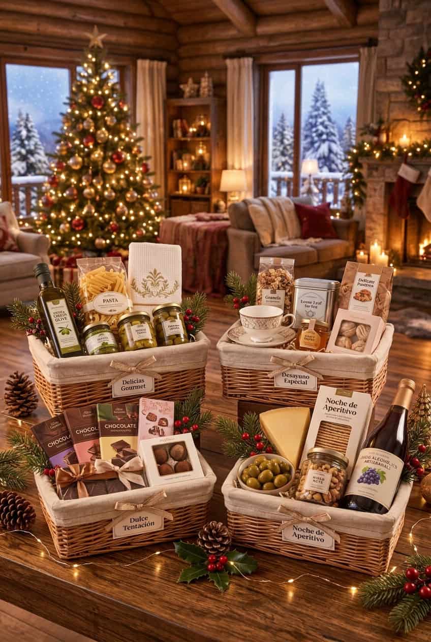 Cuatro cestas de mimbre con productos de Navidad para mujer sobre una mesa junto al árbol navideño: una etiquetada "Delicias Gourmet" con aceite de oliva, pasta y conservas; una "Desayuno Especial" con taza, granola y té; una "Dulce Tentación" con chocolates y trufas; y una "Noche de Aperitivo" con queso, aceitunas, frutos secos y una botella de vino.