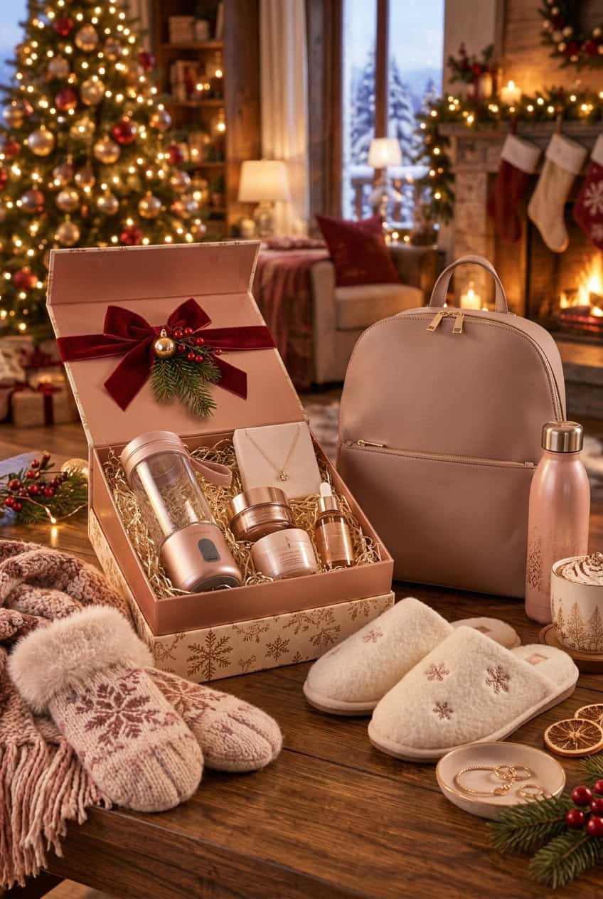 Regalos de Navidad diferentes para mujer sobre una mesa junto al árbol navideño, con una caja abierta con lazo rojo que contiene una batidora portátil, un collar, cremas de cuidado personal y un sérum, una mochila rosa, una botella térmica, unas pantuflas de invierno bordadas con copos de nieve, una pulsera y una bufanda de punto.