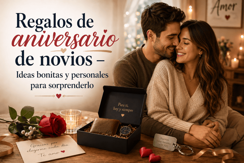 Pareja abrazada junto a una caja de regalo de aniversario con cartera, reloj, rosa, vela y una tarjeta romántica.