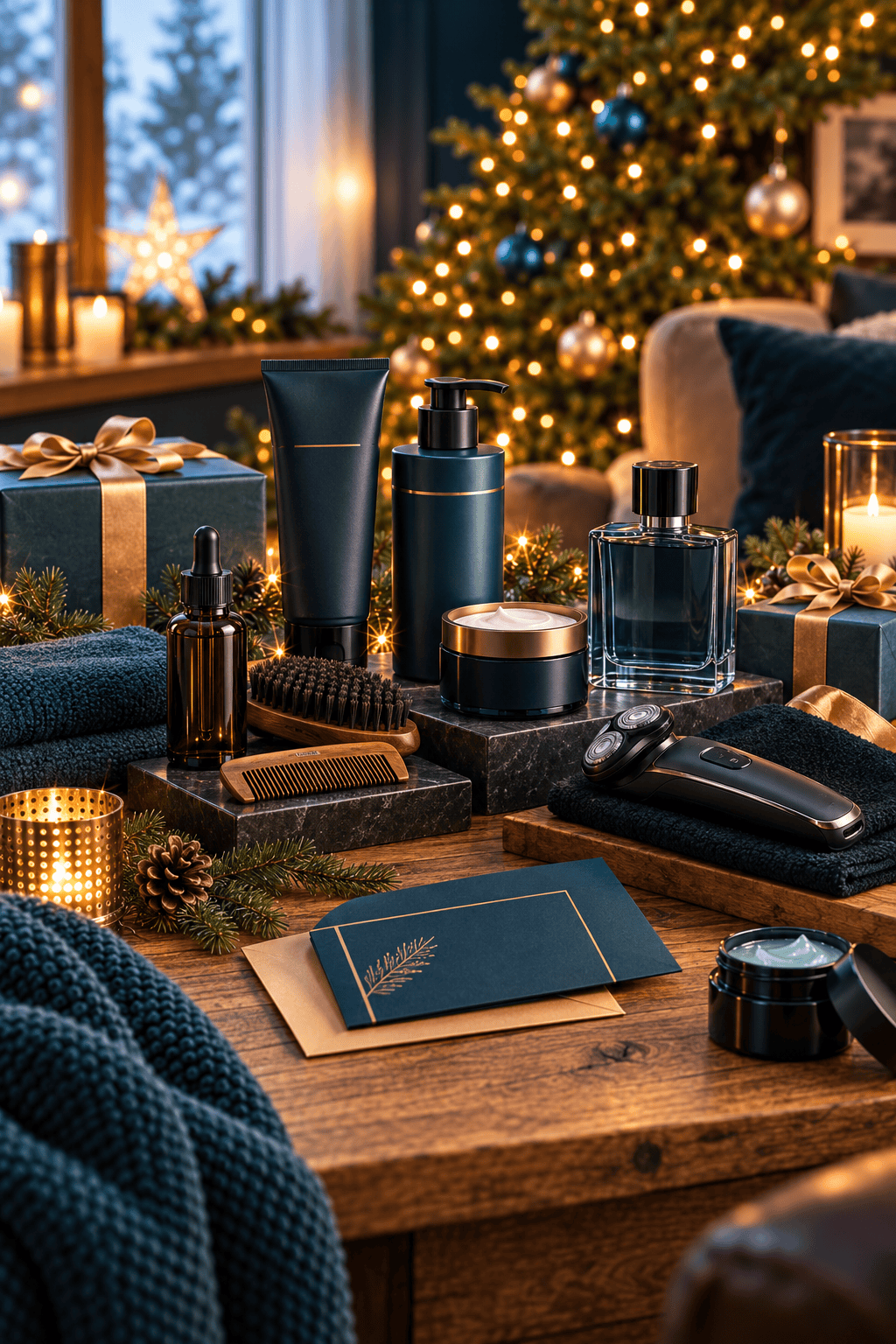 Regalos de cuidado personal de Navidad para hombre sobre una mesa de madera, con un frasco de perfume, un dispensador de jabón, una crema, un aceite de barba, un cepillo y peine de barba, una afeitadora eléctrica, toallas azul oscuro, una tarjeta con detalle dorado y una vela encendida, junto a regalos envueltos y un árbol de Navidad decorado.