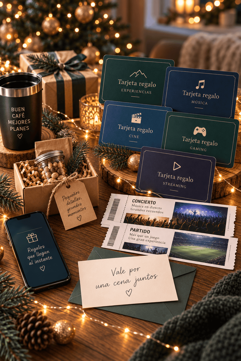 Regalos de última hora de Navidad para hombre sobre una mesa de madera, con tarjetas de regalo digitales de "Experiencias", "Música", "Cine", "Gaming" y "Streaming", entradas para un concierto y un partido, un teléfono mostrando "Regalos que llegan al instante", un vale escrito a mano por "Una cena juntos", un termo con la frase "Buen café, mejores planes" y una caja con frutos secos y la etiqueta "Pequeños detalles, grandes momentos".