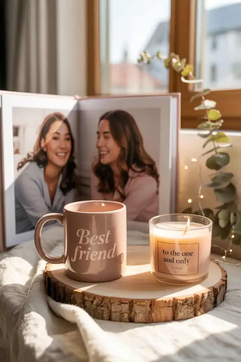 Taza con el mensaje "Best friend", vela aromática encendida y álbum de fotos con dos amigas, como idea de regalo personalizado de cumpleaños para una amiga.