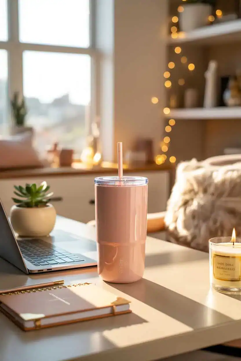 Vaso térmico rosa con pajita sobre un escritorio junto a un portátil, una libreta y una vela, como idea de regalo práctico de cumpleaños para una amiga.
