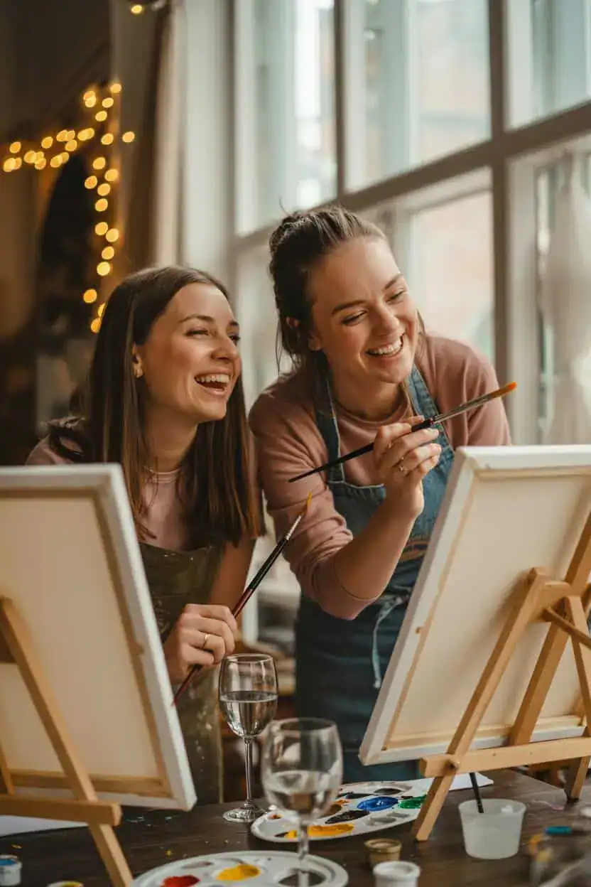 Dos amigas riendo mientras pintan juntas en un taller creativo, con pinceles, caballetes, pinturas y copas sobre la mesa.