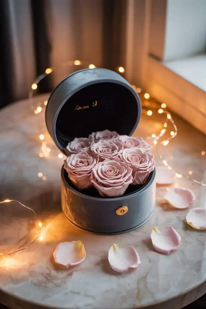 Rosas preservadas de color rosa en una elegante caja redonda, rodeadas de pétalos y pequeñas luces decorativas, como regalo de cumpleaños para una amiga.