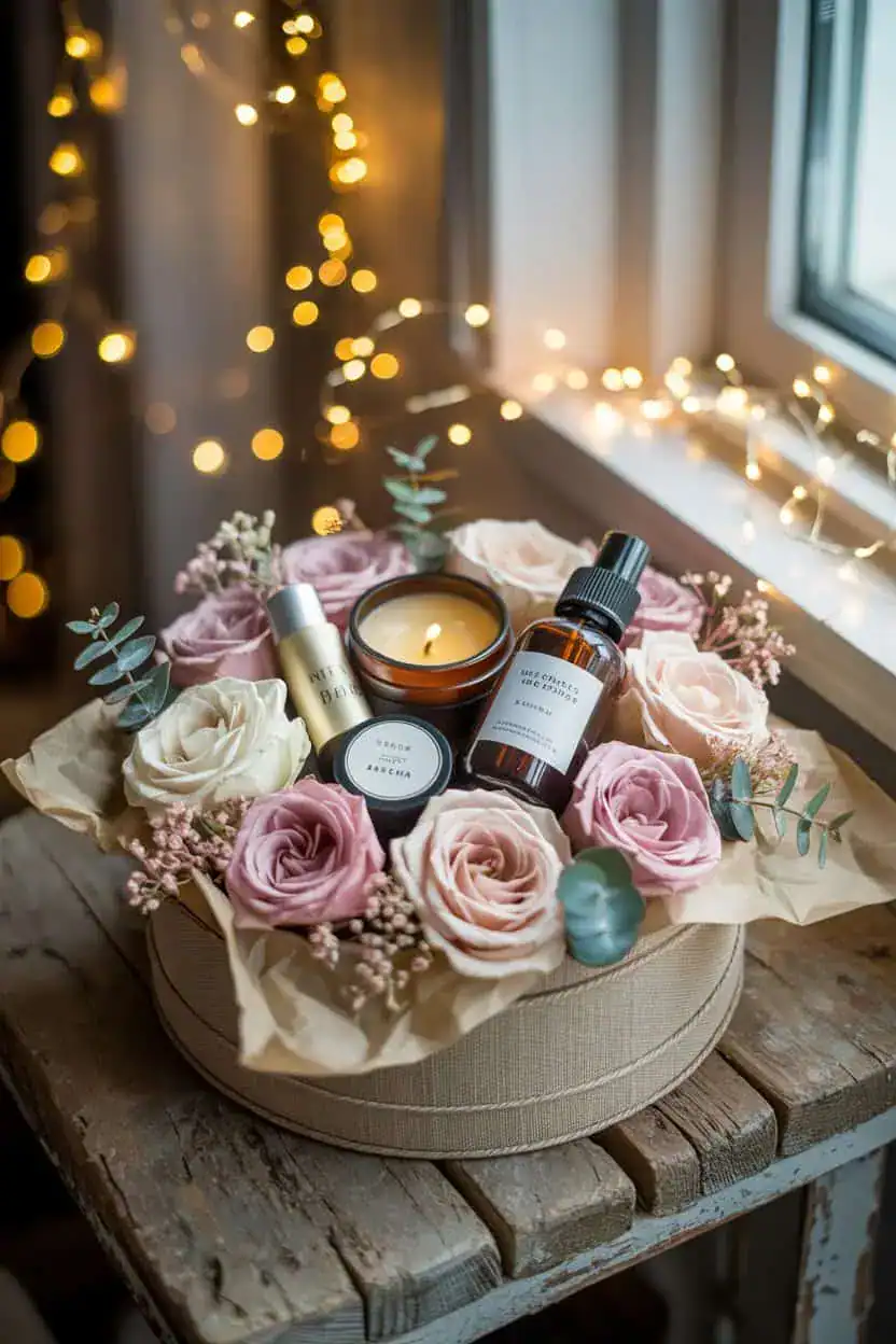 Caja de regalo con rosas rosadas y blancas, vela aromática y productos de cuidado personal, preparada como detalle de cumpleaños para una amiga.