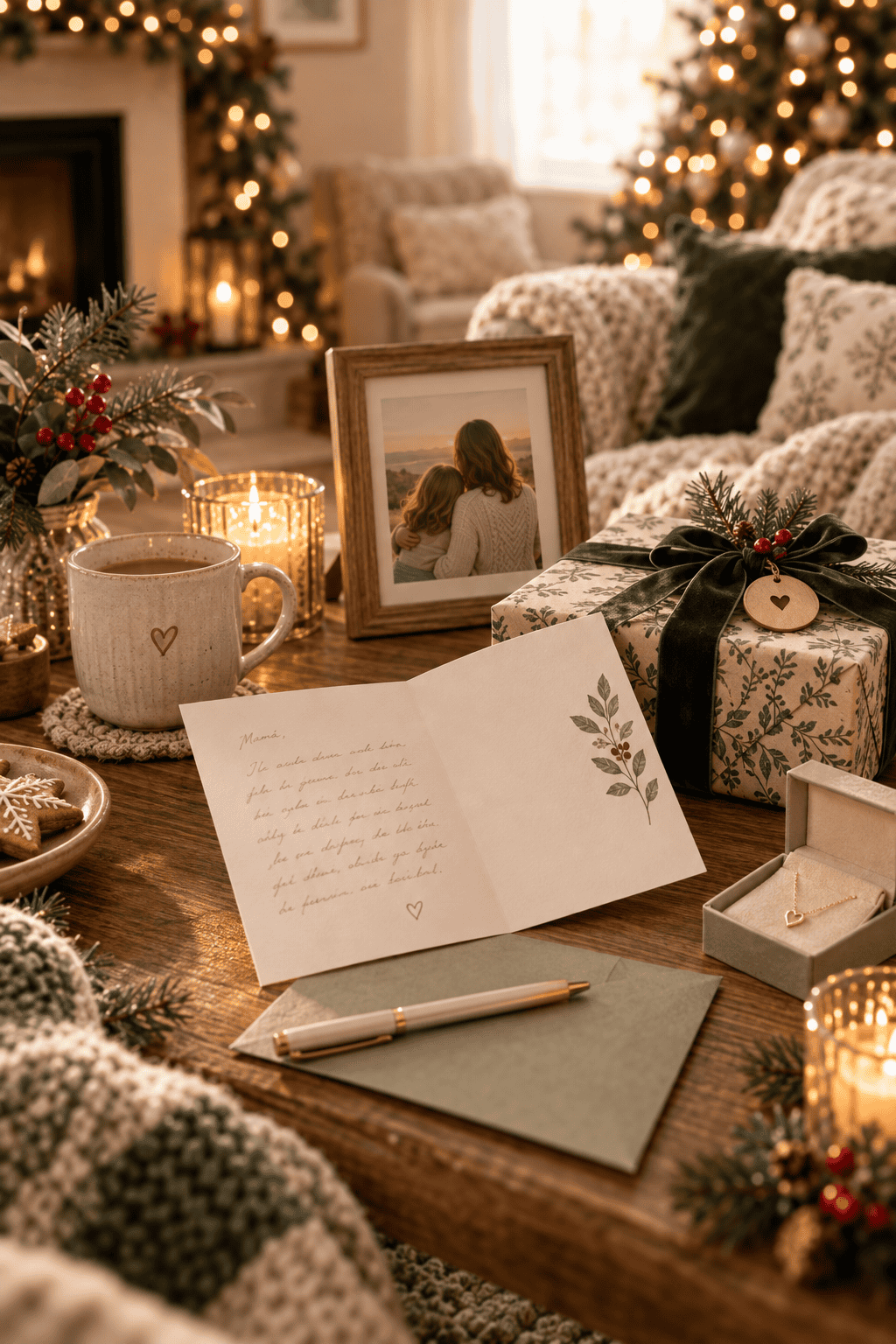 Tarjeta con mensaje personal para mamá junto a un regalo, una joya y una foto familiar en un ambiente navideño cálido y acogedor.