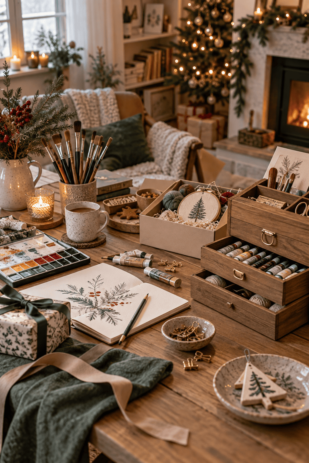 Regalos creativos de Navidad para mamá con materiales de pintura, bordado, tejido y manualidades organizados en una mesa junto al árbol y la chimenea.