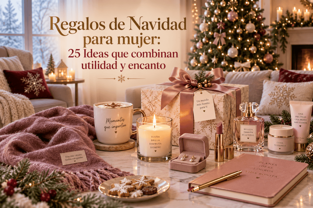 Selección de regalos de Navidad para mujer, con caja de regalo, vela, taza, joyas y productos de cuidado en un ambiente navideño cálido.